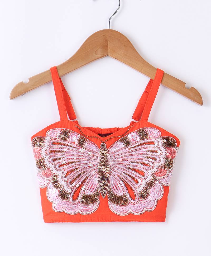 Twisha Girls Elaborate Butterfly Embroidered Crop Top With Self Design Palazzo - Orange & Blue