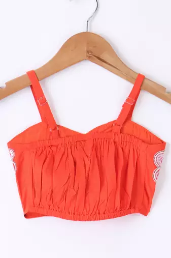 Twisha Girls Elaborate Butterfly Embroidered Crop Top With Self Design Palazzo - Orange & Blue