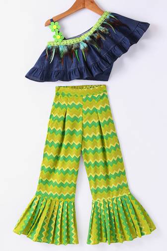 Twisha Girls One Side Denim Ruffles Designer Top With Printed Palazzo - Blue & Green