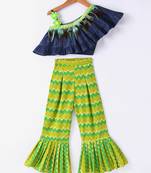 Twisha Girls One Side Denim Ruffles Designer Top With Printed Palazzo - Blue & Green
