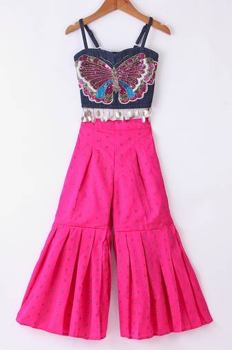 Twisha Girls Elaborate Butterfly Embroidered Denim Crop Top With Self Design Palazzo - Blue & Pink