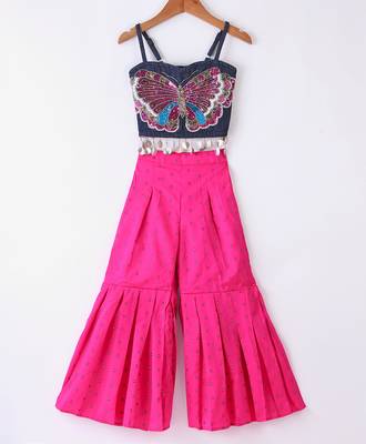 Twisha Girls Elaborate Butterfly Embroidered Denim Crop Top With Self Design Palazzo - Blue & Pink 1
