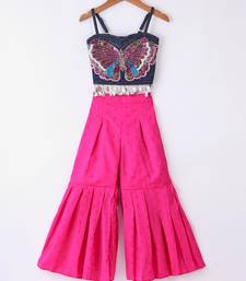 Twisha Girls Elaborate Butterfly Embroidered Denim Crop Top With Self Design Palazzo - Blue & Pink