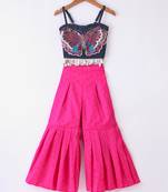 Twisha Girls Elaborate Butterfly Embroidered Denim Crop Top With Self Design Palazzo - Blue & Pink