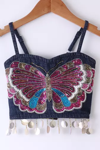 Twisha Girls Elaborate Butterfly Embroidered Denim Crop Top With Self Design Palazzo - Blue & Pink