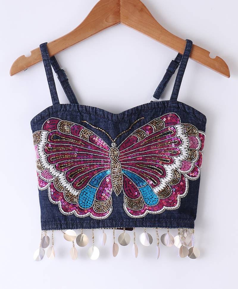 Twisha Girls Elaborate Butterfly Embroidered Denim Crop Top With Self Design Palazzo - Blue & Pink