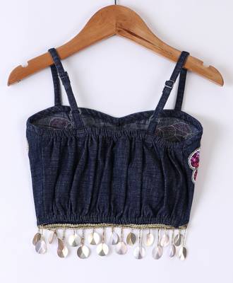 Twisha Girls Elaborate Butterfly Embroidered Denim Crop Top With Self Design Palazzo - Blue & Pink 3