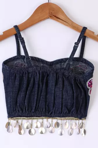 Twisha Girls Elaborate Butterfly Embroidered Denim Crop Top With Self Design Palazzo - Blue & Pink