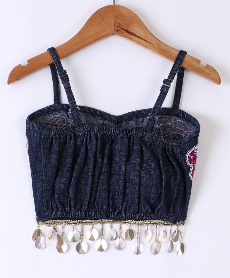 Twisha Girls Elaborate Butterfly Embroidered Denim Crop Top With Self Design Palazzo - Blue & Pink