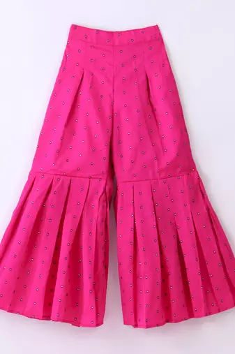 Twisha Girls Elaborate Butterfly Embroidered Denim Crop Top With Self Design Palazzo - Blue & Pink