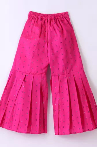 Twisha Girls Elaborate Butterfly Embroidered Denim Crop Top With Self Design Palazzo - Blue & Pink