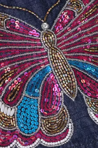 Twisha Girls Elaborate Butterfly Embroidered Denim Crop Top With Self Design Palazzo - Blue & Pink