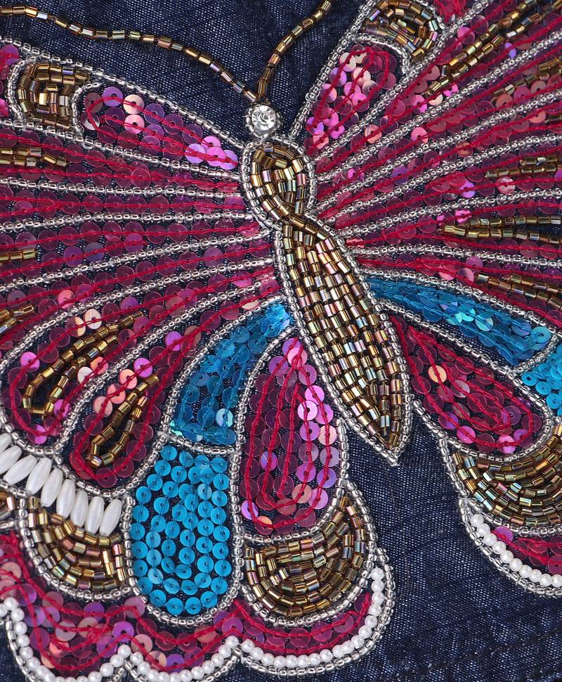 Twisha Girls Elaborate Butterfly Embroidered Denim Crop Top With Self Design Palazzo - Blue & Pink