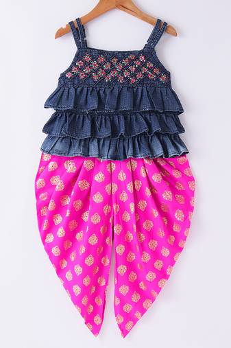 Twisha Girls Embroidered Frilled Denim Top With Motif Foil Printed Dhoti - Blue & Pink