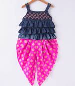 Twisha Girls Embroidered Frilled Denim Top With Motif Foil Printed Dhoti - Blue & Pink