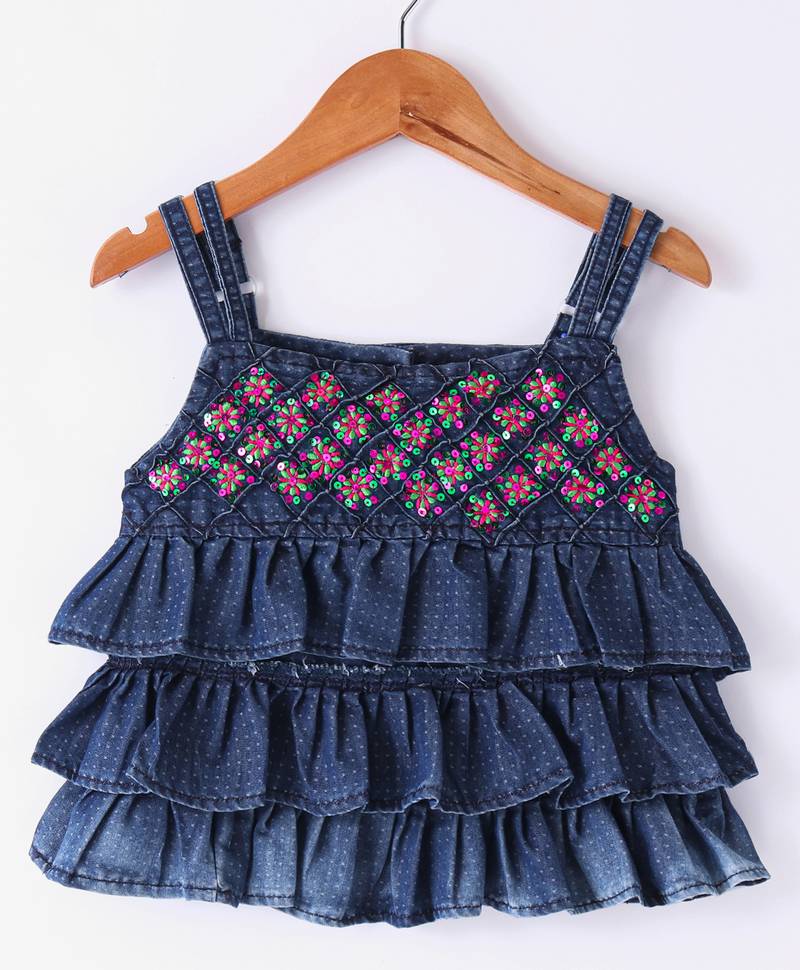 Twisha Girls Embroidered Frilled Denim Top With Motif Foil Printed Dhoti - Blue & Pink