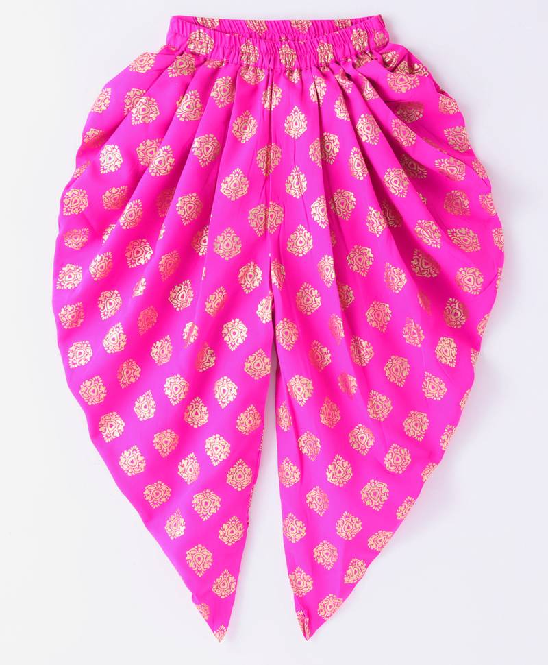 Twisha Girls Embroidered Frilled Denim Top With Motif Foil Printed Dhoti - Blue & Pink