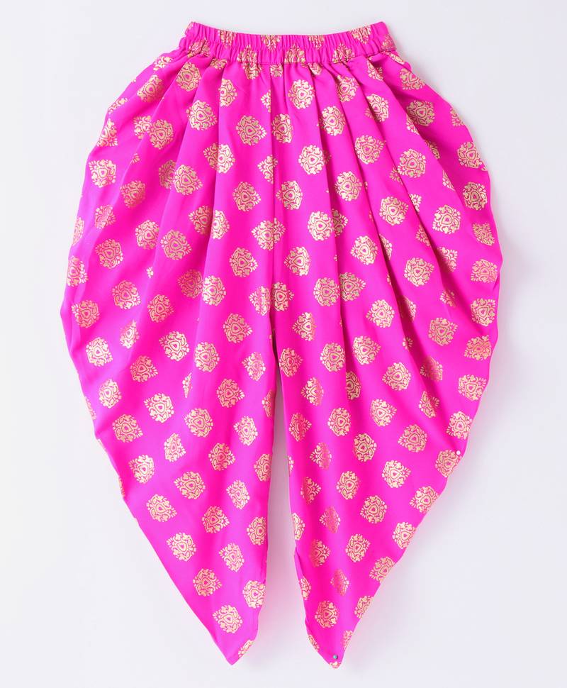 Twisha Girls Embroidered Frilled Denim Top With Motif Foil Printed Dhoti - Blue & Pink