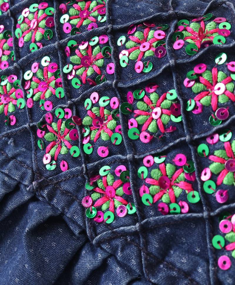 Twisha Girls Embroidered Frilled Denim Top With Motif Foil Printed Dhoti - Blue & Pink