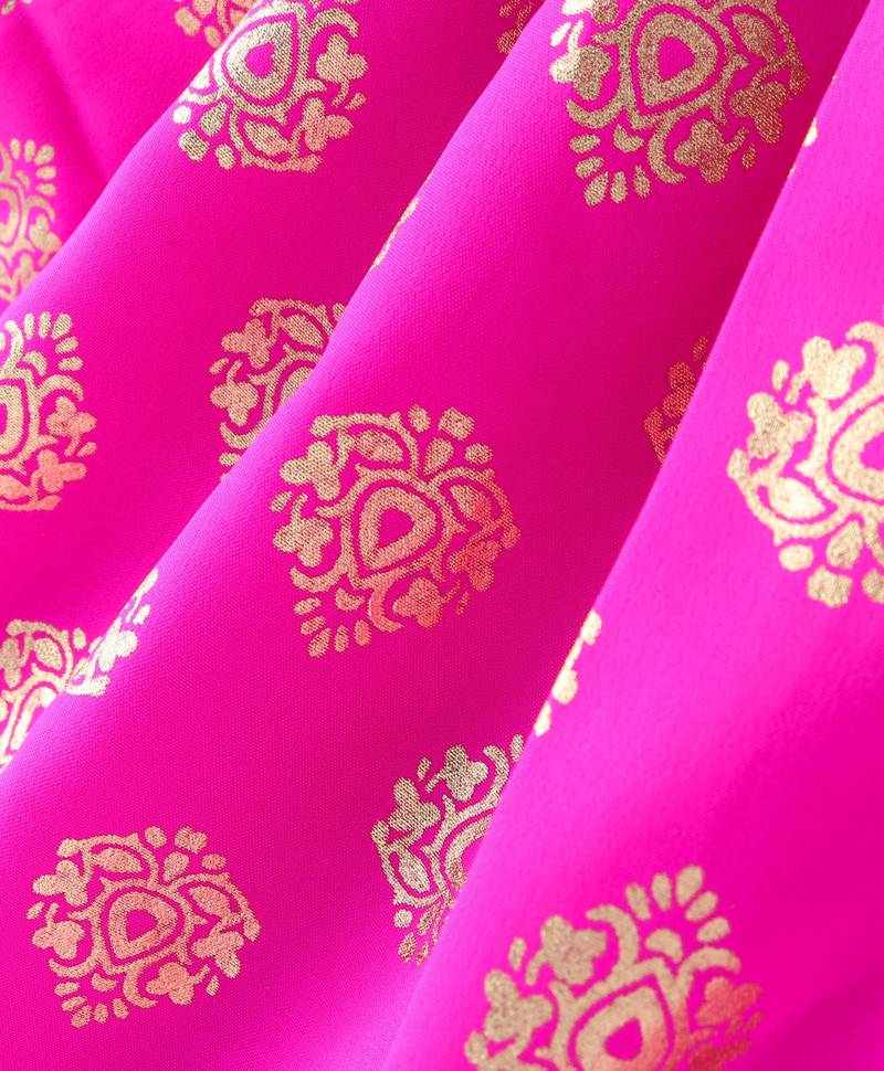 Twisha Girls Embroidered Frilled Denim Top With Motif Foil Printed Dhoti - Blue & Pink