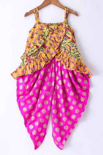 Twisha Girls Floral Printed Ruffle Detail Pure Cotton Top With Motif Foil Printed Dhoti - Yellow & Pink