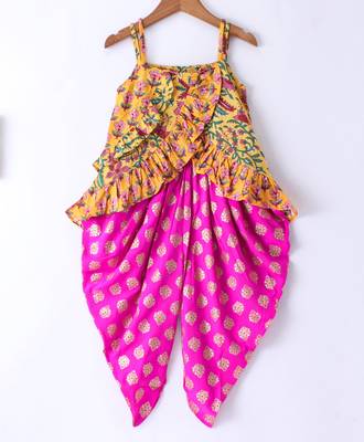 Twisha Girls Floral Printed Ruffle Detail Pure Cotton Top With Motif Foil Printed Dhoti - Yellow & Pink 1