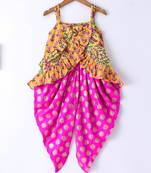 Twisha Girls Floral Printed Ruffle Detail Pure Cotton Top With Motif Foil Printed Dhoti - Yellow & Pink