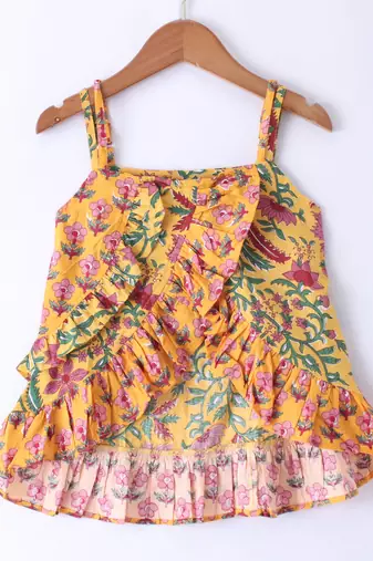 Twisha Girls Floral Printed Ruffle Detail Pure Cotton Top With Motif Foil Printed Dhoti - Yellow & Pink