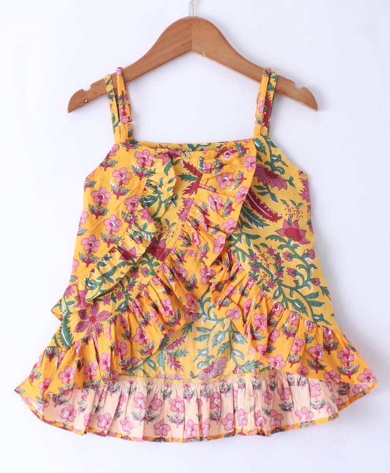 Twisha Girls Floral Printed Ruffle Detail Pure Cotton Top With Motif Foil Printed Dhoti - Yellow & Pink
