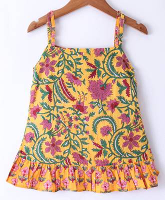 Twisha Girls Floral Printed Ruffle Detail Pure Cotton Top With Motif Foil Printed Dhoti - Yellow & Pink 3
