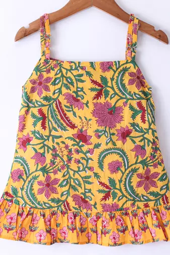 Twisha Girls Floral Printed Ruffle Detail Pure Cotton Top With Motif Foil Printed Dhoti - Yellow & Pink