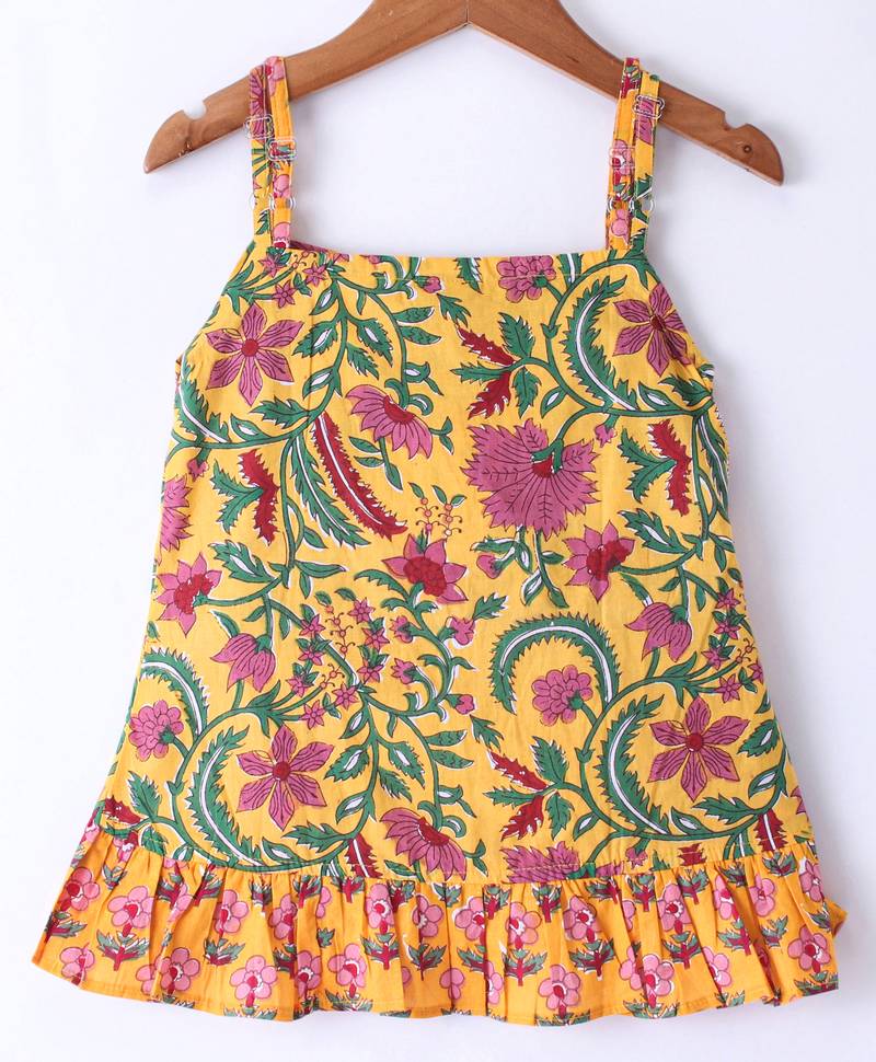 Twisha Girls Floral Printed Ruffle Detail Pure Cotton Top With Motif Foil Printed Dhoti - Yellow & Pink
