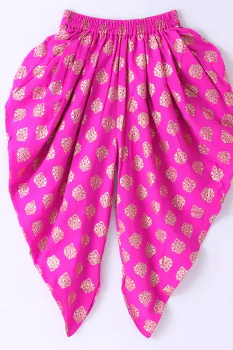 Twisha Girls Floral Printed Ruffle Detail Pure Cotton Top With Motif Foil Printed Dhoti - Yellow & Pink
