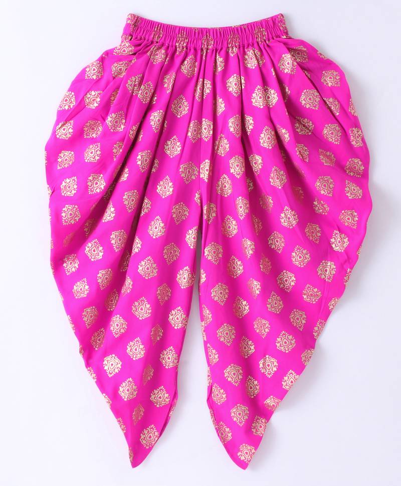 Twisha Girls Floral Printed Ruffle Detail Pure Cotton Top With Motif Foil Printed Dhoti - Yellow & Pink