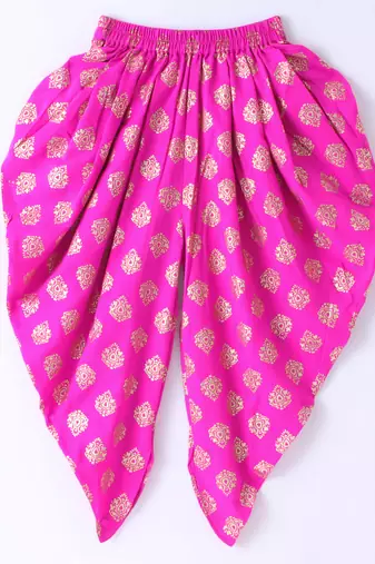 Twisha Girls Floral Printed Ruffle Detail Pure Cotton Top With Motif Foil Printed Dhoti - Yellow & Pink