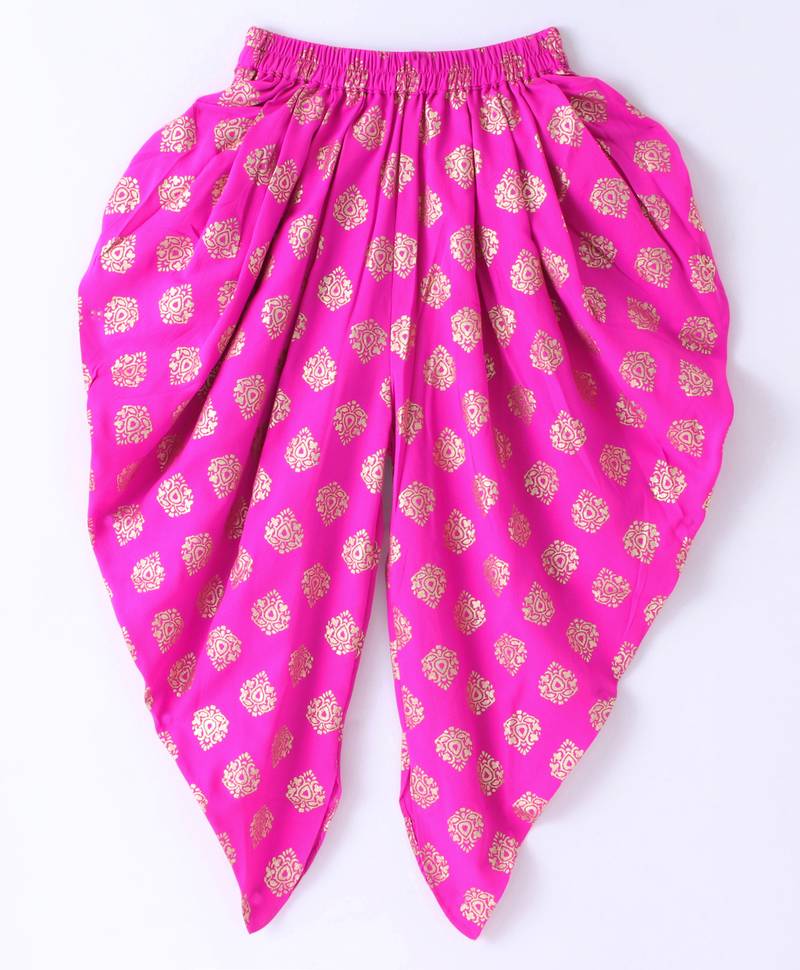 Twisha Girls Floral Printed Ruffle Detail Pure Cotton Top With Motif Foil Printed Dhoti - Yellow & Pink