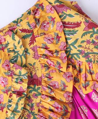 Twisha Girls Floral Printed Ruffle Detail Pure Cotton Top With Motif Foil Printed Dhoti - Yellow & Pink 6
