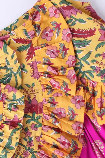 Twisha Girls Floral Printed Ruffle Detail Pure Cotton Top With Motif Foil Printed Dhoti - Yellow & Pink
