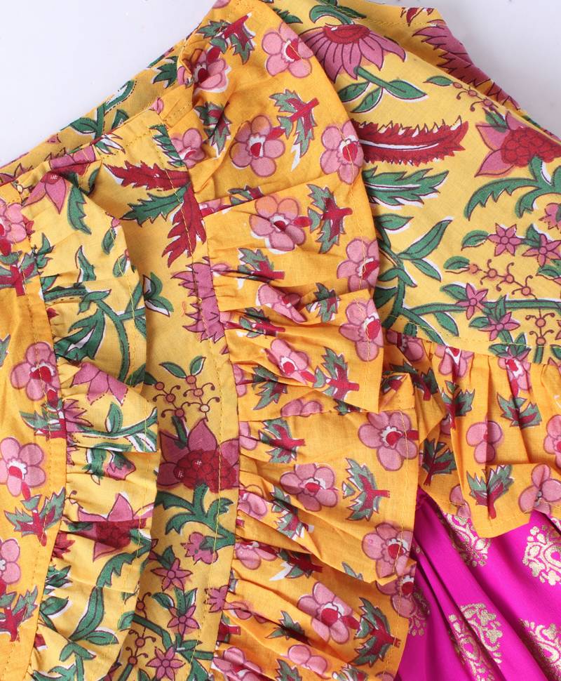 Twisha Girls Floral Printed Ruffle Detail Pure Cotton Top With Motif Foil Printed Dhoti - Yellow & Pink