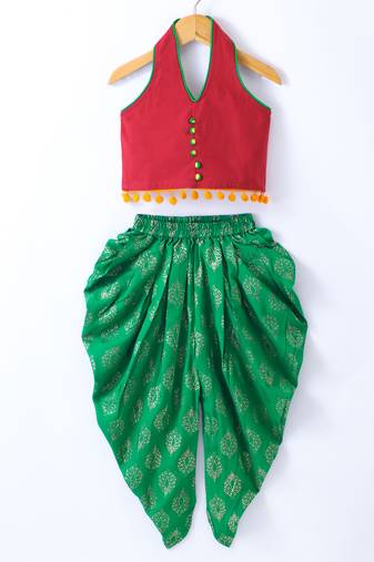 Twisha Girls Solid Knit Top Embellished With Pompom & Potali Buttons With Printed Dhoti - Red & Green