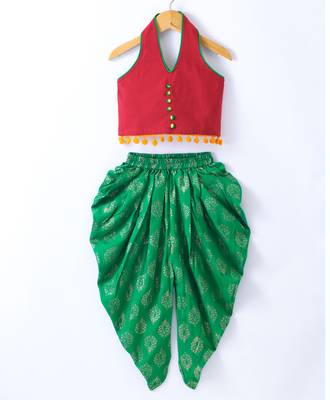 Twisha Girls Solid Knit Top Embellished With Pompom & Potali Buttons With Printed Dhoti - Red & Green 1