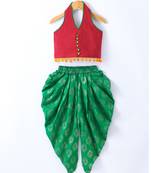 Twisha Girls Solid Knit Top Embellished With Pompom & Potali Buttons With Printed Dhoti - Red & Green