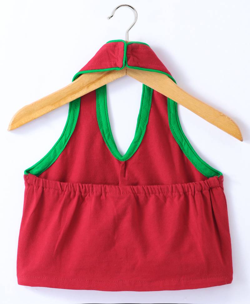 Twisha Girls Solid Knit Top Embellished With Pompom & Potali Buttons With Printed Dhoti - Red & Green