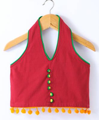 Twisha Girls Solid Knit Top Embellished With Pompom & Potali Buttons With Printed Dhoti - Red & Green 3