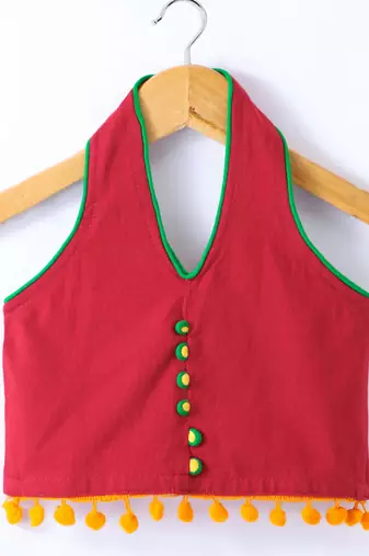 Twisha Girls Solid Knit Top Embellished With Pompom & Potali Buttons With Printed Dhoti - Red & Green