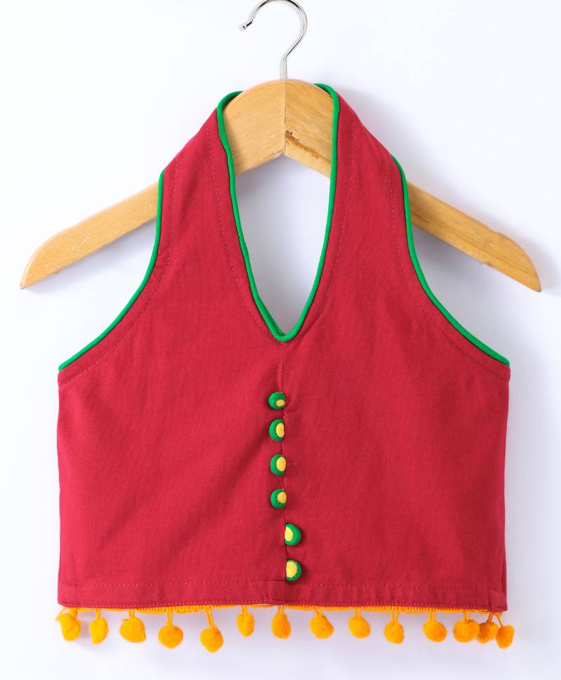 Twisha Girls Solid Knit Top Embellished With Pompom & Potali Buttons With Printed Dhoti - Red & Green