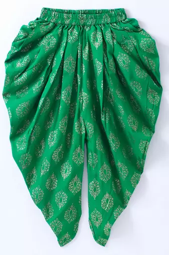 Twisha Girls Solid Knit Top Embellished With Pompom & Potali Buttons With Printed Dhoti - Red & Green