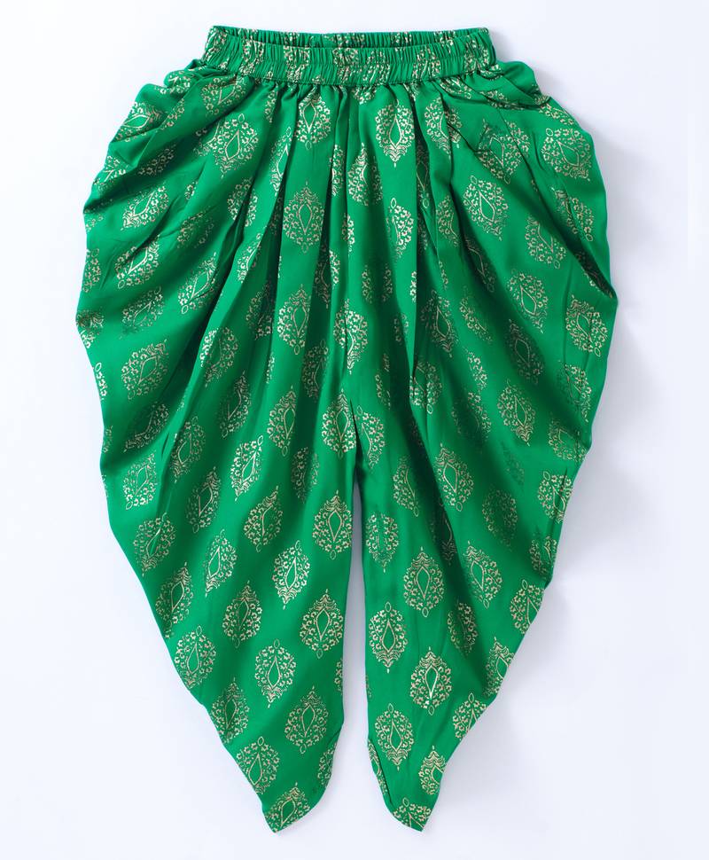 Twisha Girls Solid Knit Top Embellished With Pompom & Potali Buttons With Printed Dhoti - Red & Green