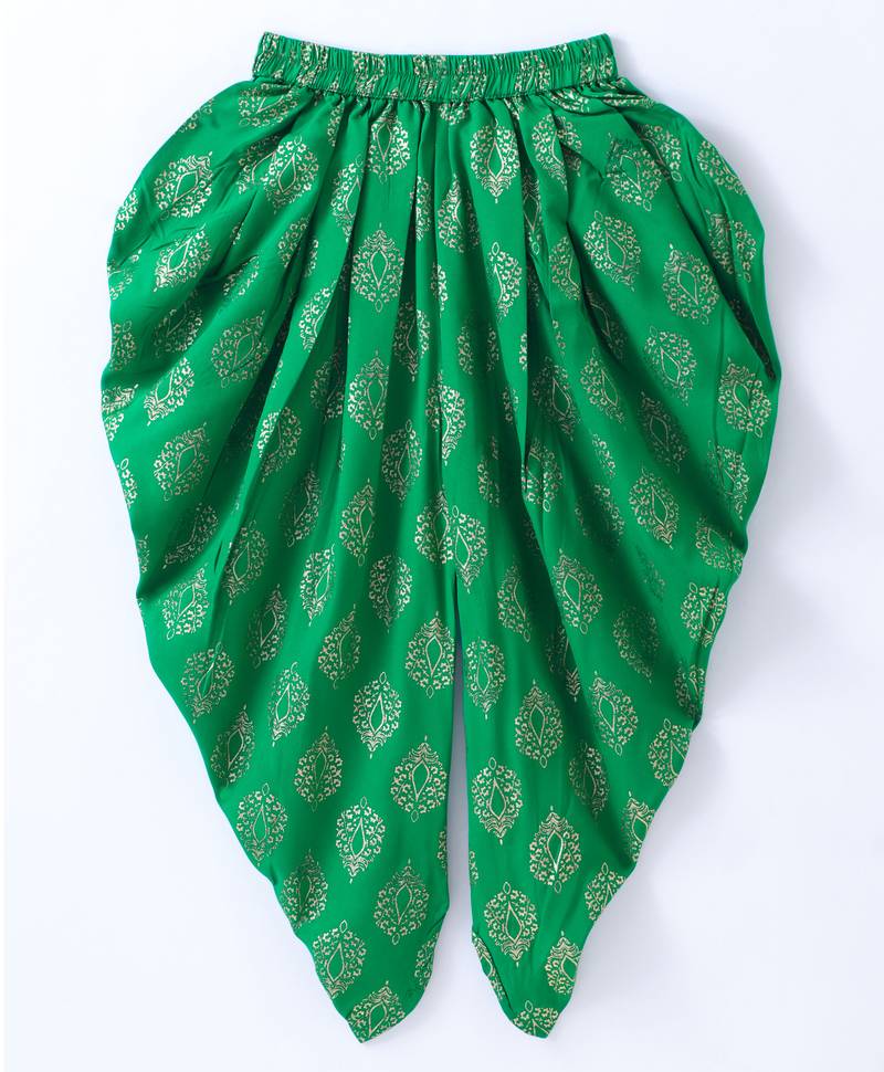 Twisha Girls Solid Knit Top Embellished With Pompom & Potali Buttons With Printed Dhoti - Red & Green