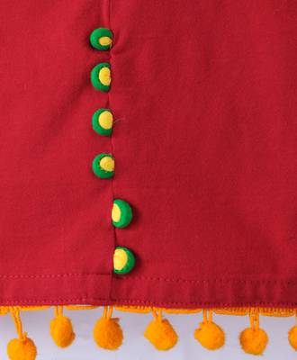 Twisha Girls Solid Knit Top Embellished With Pompom & Potali Buttons With Printed Dhoti - Red & Green 6